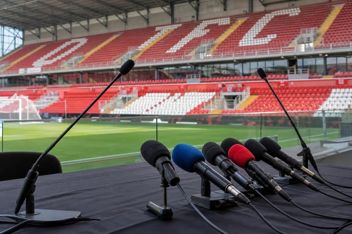 Persmoment bij Royal Antwerp FC met clubleiding op de achtergrond