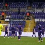 Spelers van RSC Anderlecht in Lotto Park na de 2-2 tegen KV Mechelen