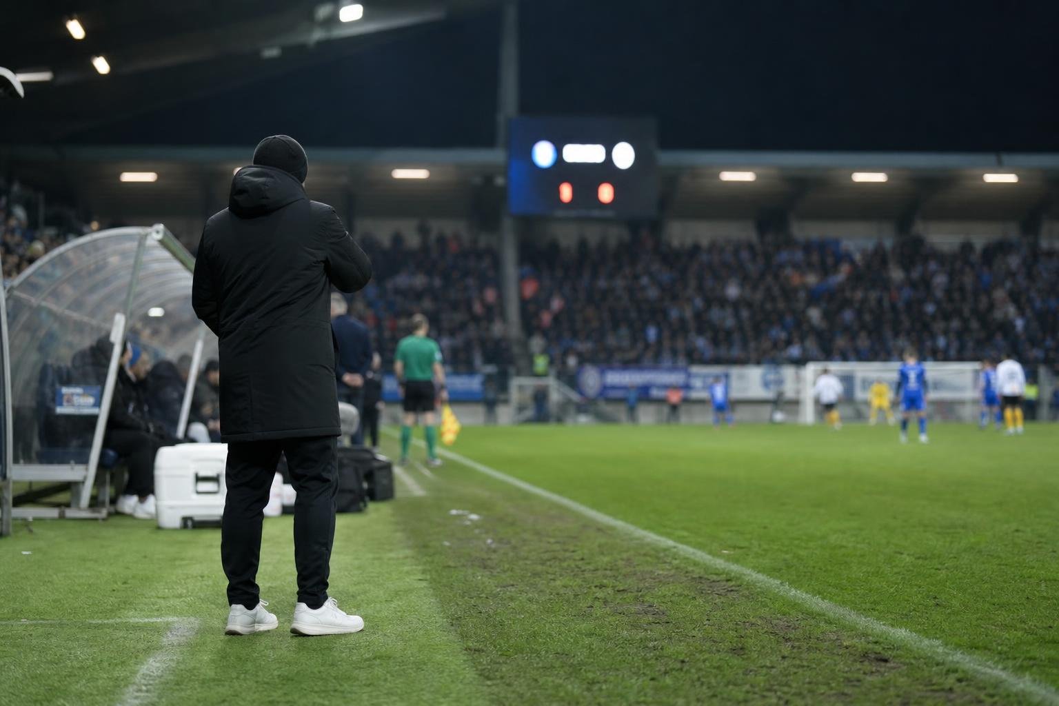 Yannick Ferrera langs de zijlijn tijdens Lommel tegen FC Dender in de barrages