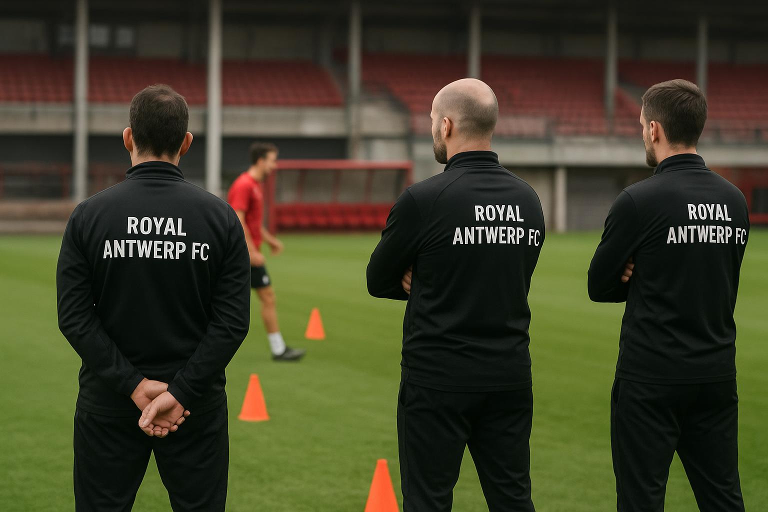 Joseph Oosting langs de zijlijn bij Royal Antwerp FC tijdens een training