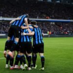Spelers van Club Brugge vieren een doelpunt tijdens de play-offs