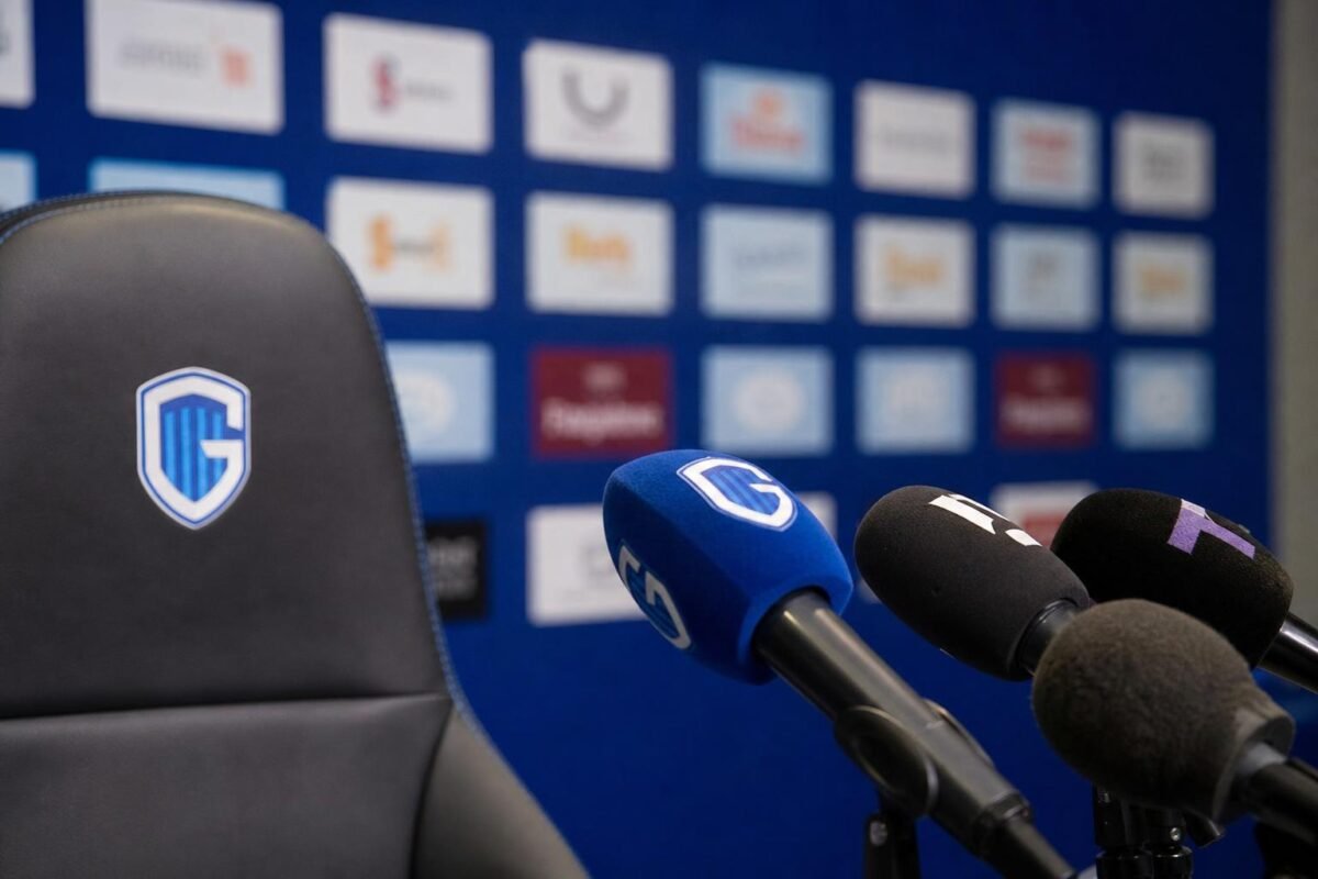 Nicky Hayen van KRC Genk tijdens een persmoment in aanloop naar de match tegen Royal Antwerp FC.