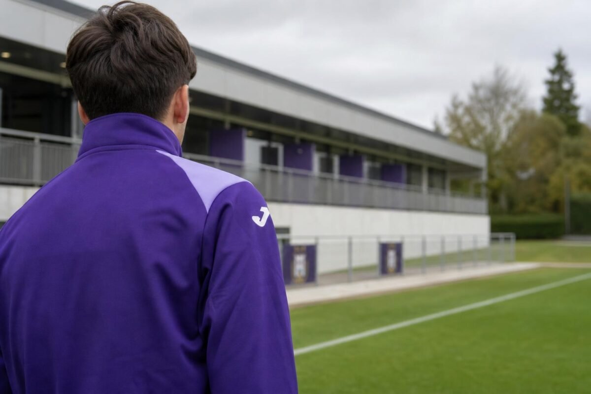 Beeld van de jeugdopleiding van RSC Anderlecht in Neerpede, in de context van een eerste profcontract.
