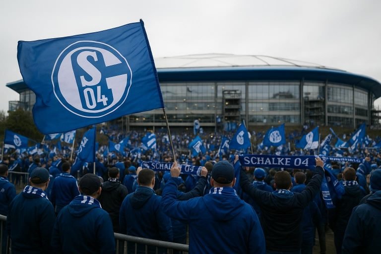 Sfeerbeeld rond het stadion van Schalke 04 in Gelsenkirchen met supporters en vlaggen