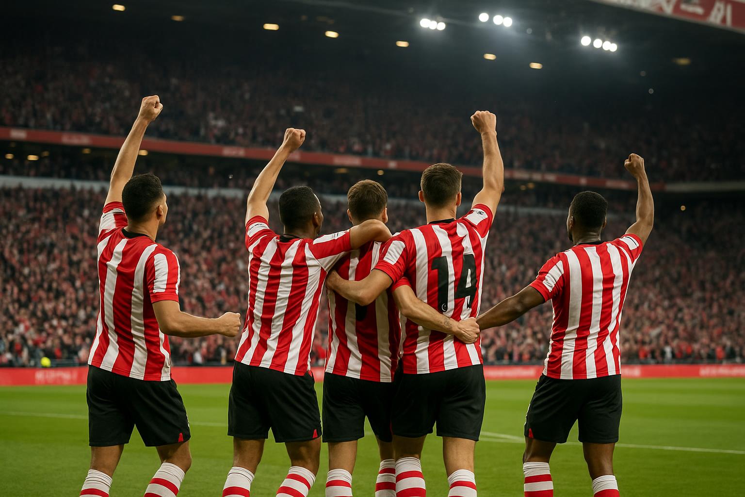 PSV-spelers vieren samen een succesmoment in het stadion