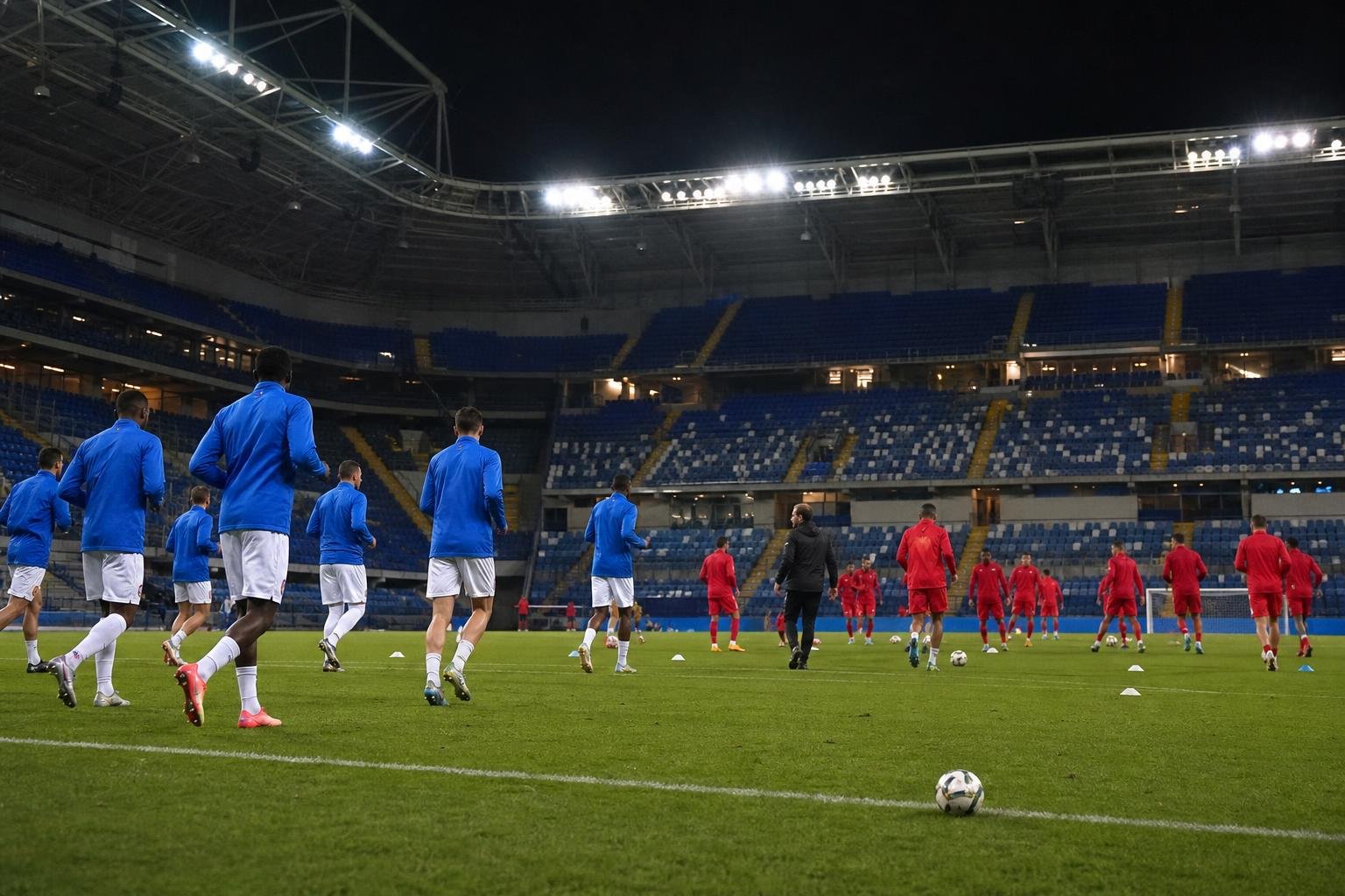 Spelers van KRC Genk en Royal Antwerp FC tijdens de opwarming voor een duel in de Europe Play-Offs