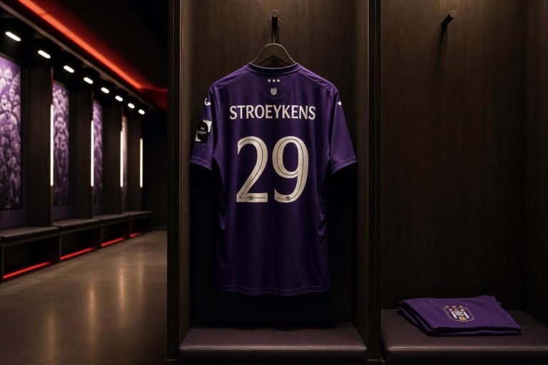 Mario Stroeykens als jonge Belgische aanvallende middenvelder in een paars getinte stadionomgeving