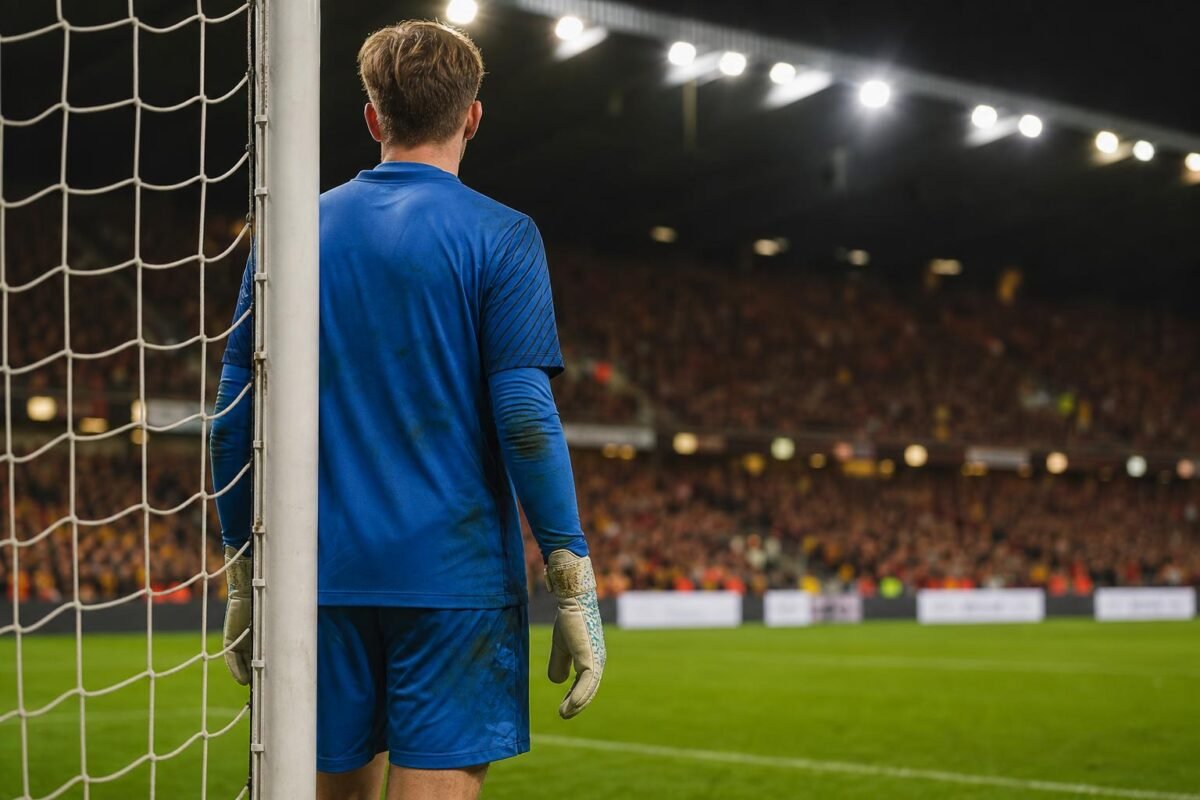 Een wedstrijdbeeld met Nacho Miras in doel bij KV Mechelen