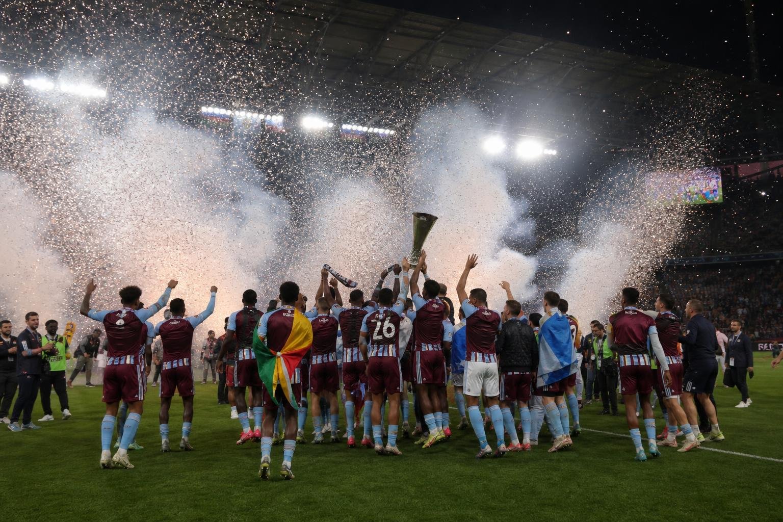 Spelers van Aston Villa vieren met de trofee na de Europa League-finale in Istanbul