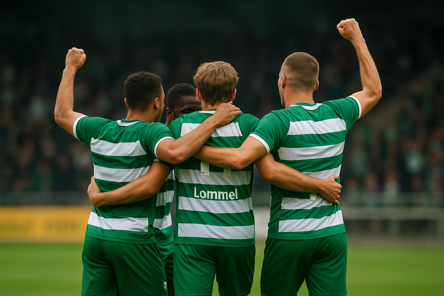Spelers van Lommel SK vieren een doelpunt tijdens een wedstrijd in de Challenger Pro League.