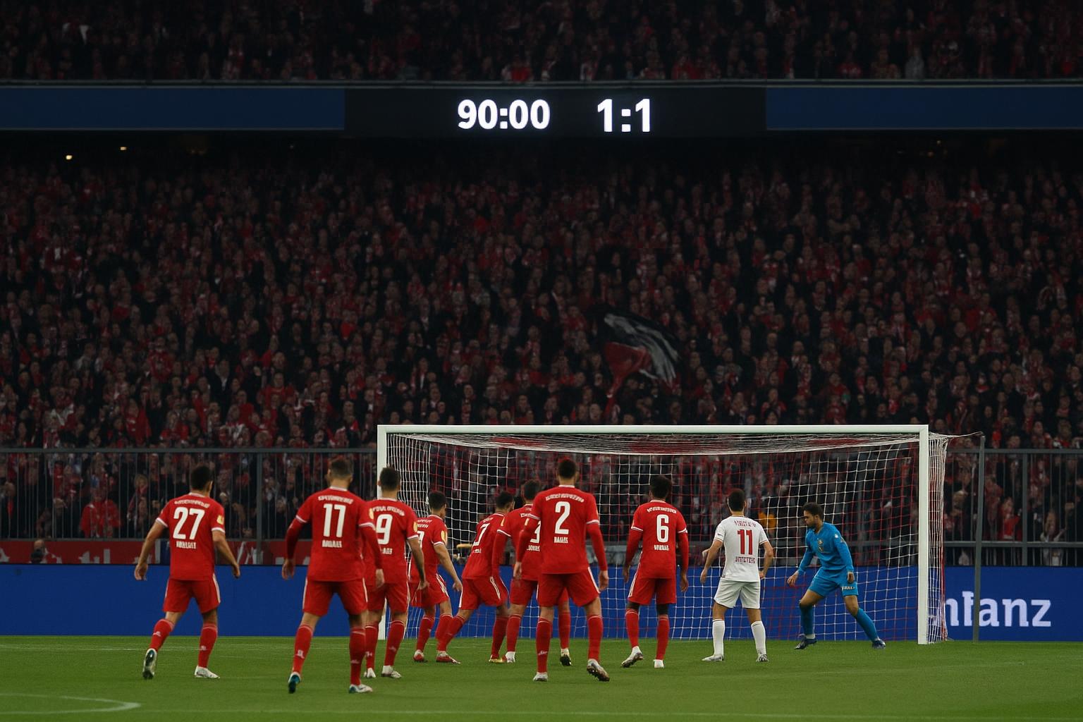 Spelers van Bayern München vieren de late gelijkmaker in de Allianz Arena tegen Heidenheim.