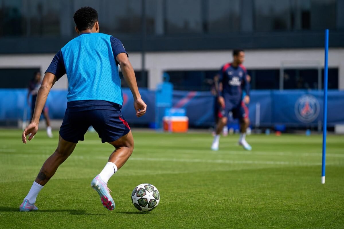 PSG-aanvaller Ousmane Dembélé op training in aanloop naar de Champions League-finale.
