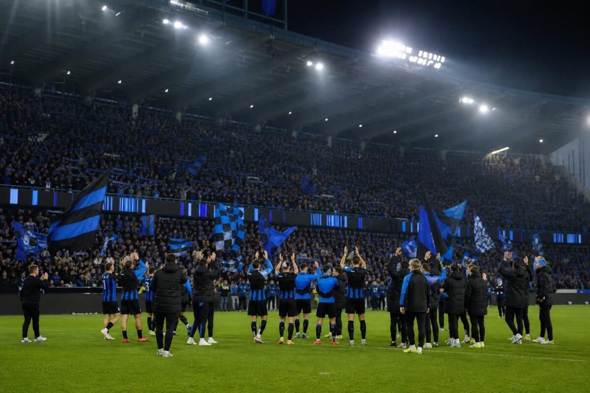 Spelers van Club Brugge in een titelachtige sfeer in het stadion, zonder herkenbare gezichten.
