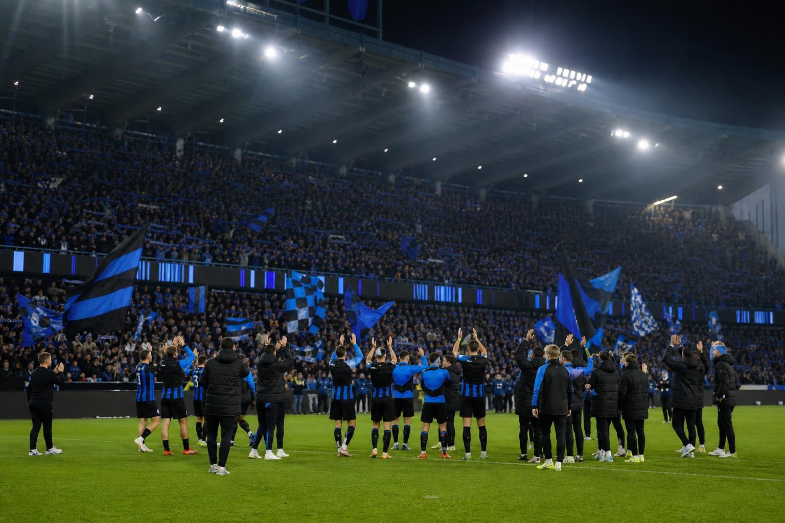 Spelers van Club Brugge in een titelachtige sfeer in het stadion, zonder herkenbare gezichten.