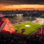 Sfeerbeeld van het Bosuilstadion en de rood-witte identiteit van Royal Antwerp FC
