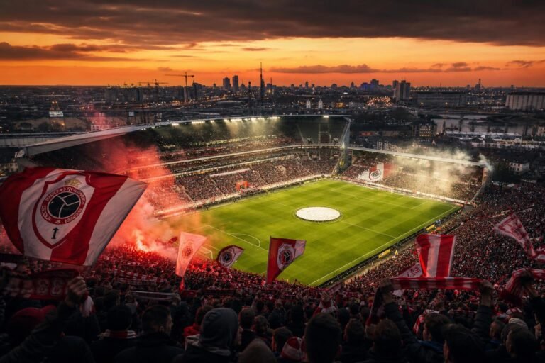 Sfeerbeeld van het Bosuilstadion en de rood-witte identiteit van Royal Antwerp FC