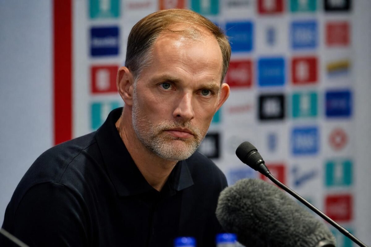 Thomas Tuchel tijdens een persmoment bij Engeland