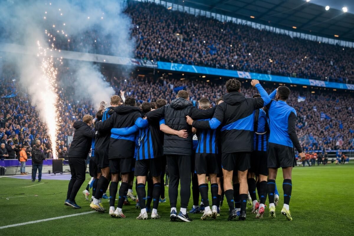Spelers van Club Brugge vieren na een spannende titelavond