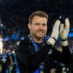 Simon Mignolet bij Club Brugge tijdens een titelavond met afscheidssfeer