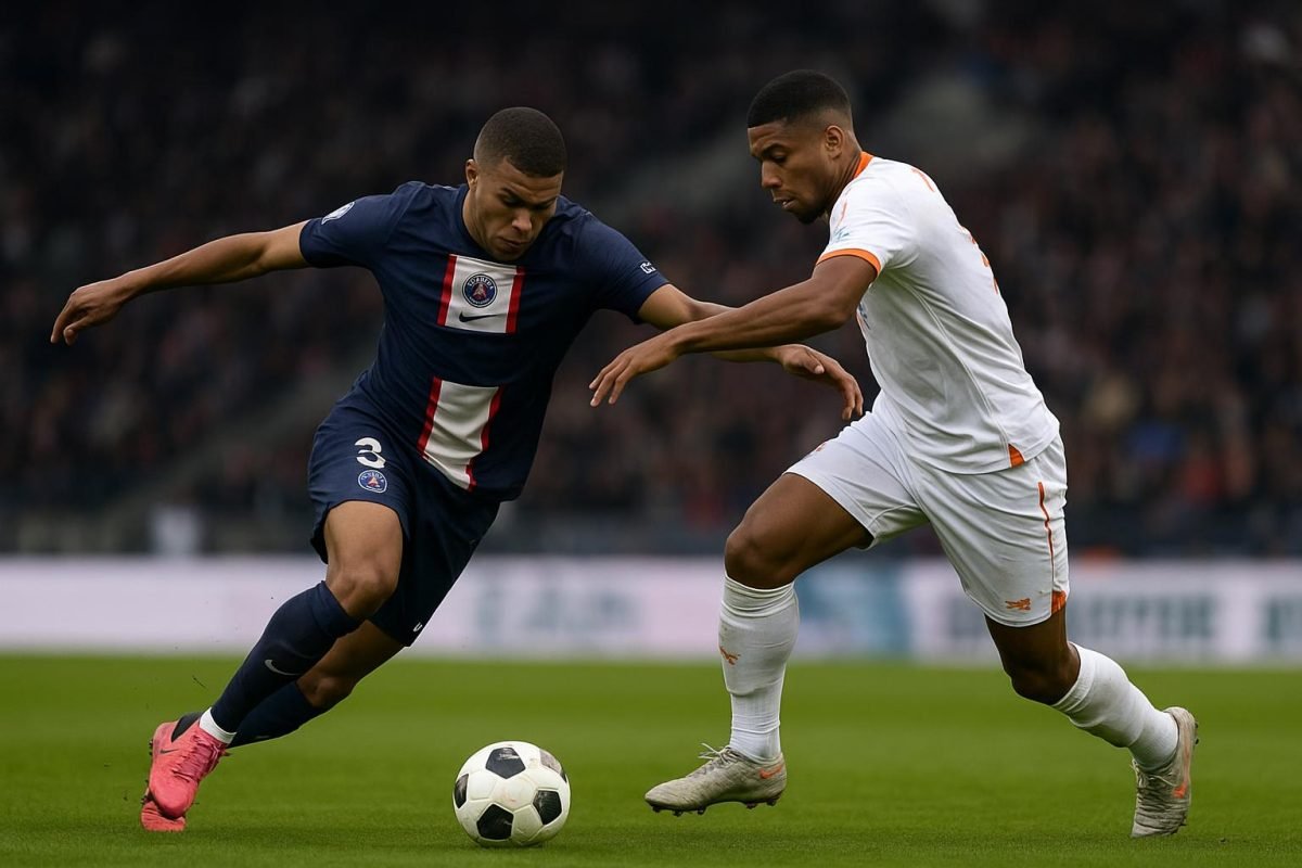 Spelers van Paris Saint-Germain en FC Lorient in een duel tijdens het 2-2-gelijkspel in de Ligue 1.