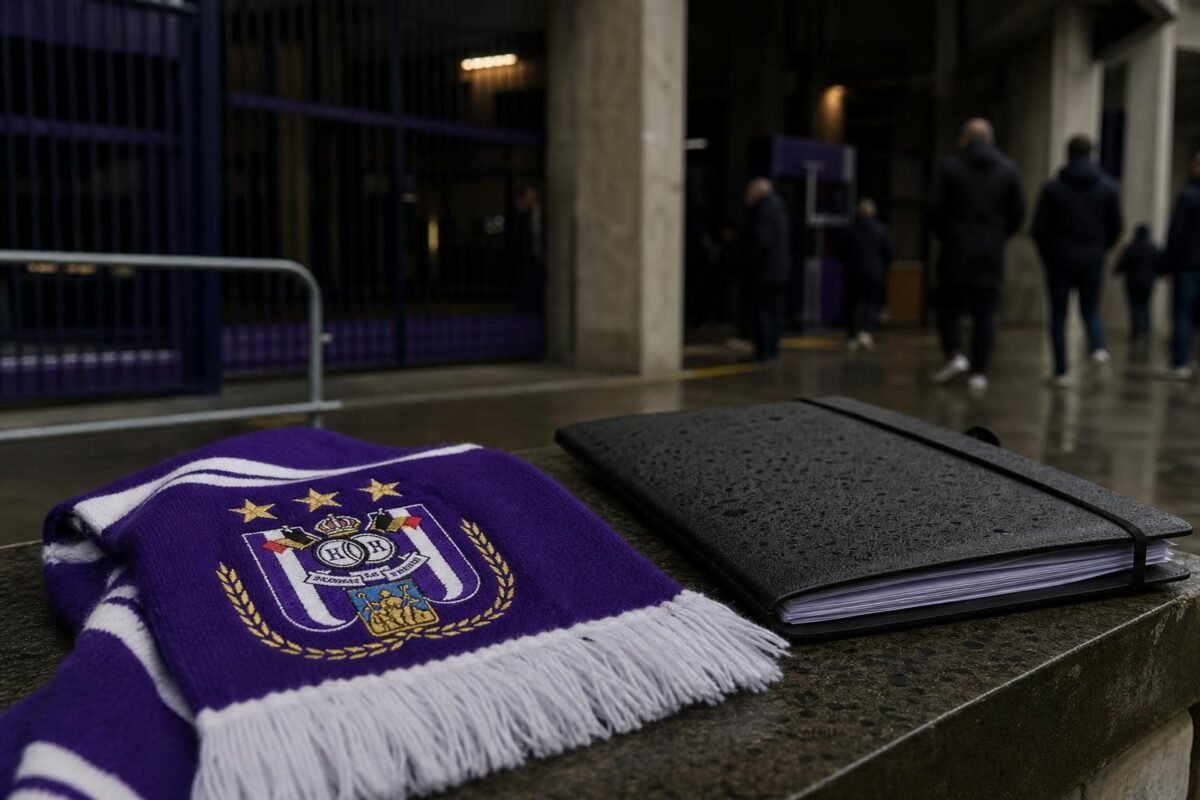 Transfercontext rond Anderlecht met paars-witte clubsfeer aan een stadioningang.
