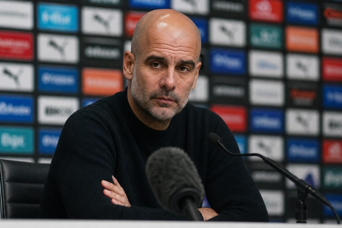 Pep Guardiola tijdens een persmoment van Manchester City in een geladen afscheidssfeer