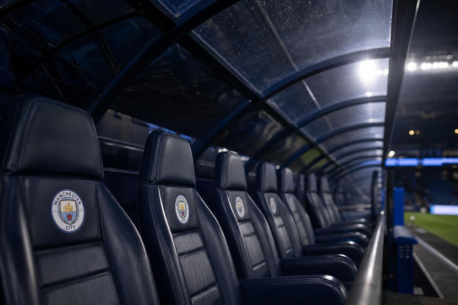 Gespannen zicht op de dug-out van Manchester City zonder herkenbare gezichten