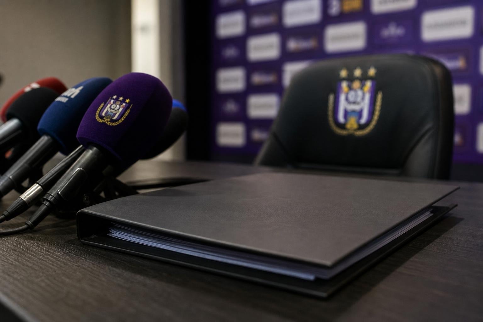 Press microphones in een gespannen voetbalcontext rond RSC Anderlecht zonder herkenbare gezichten