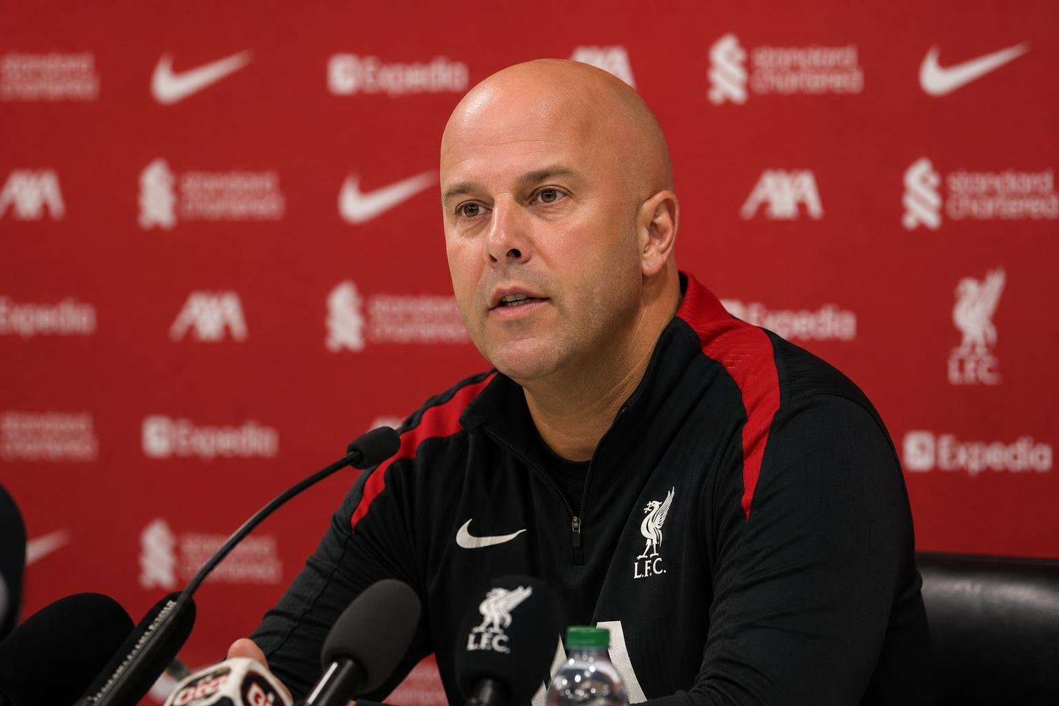 Arne Slot in een Liverpool-perscontext met focus op de technische staf