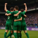 Spelers van Lommel vieren een doelpunt in de heenmatch van de play-offfinale tegen Beerschot
