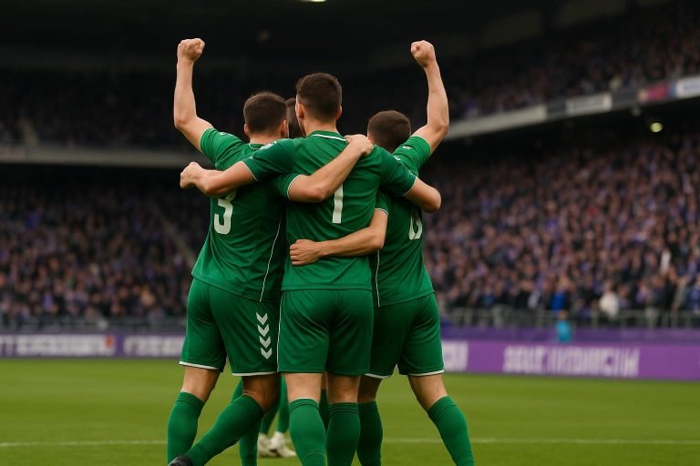 Spelers van Lommel vieren een doelpunt in de heenmatch van de play-offfinale tegen Beerschot