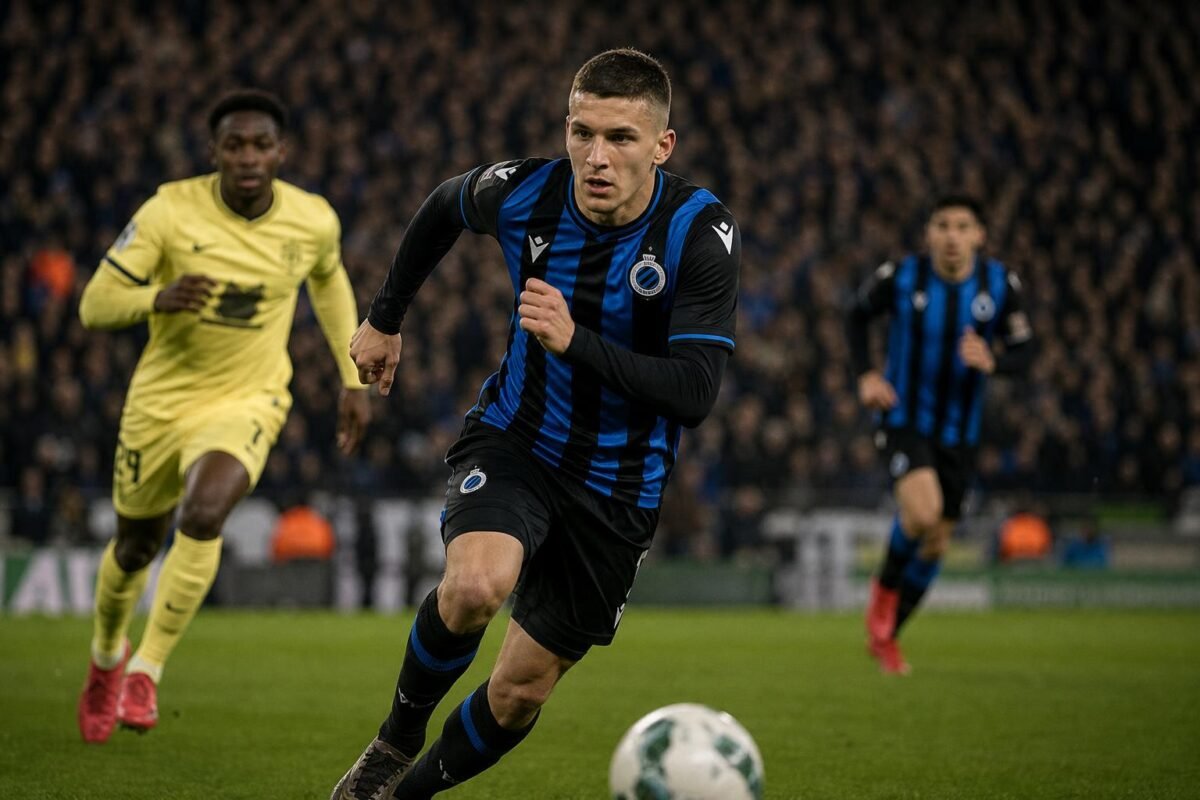 Christos Tzolis in actie voor Club Brugge tijdens een intense titelsfeer.