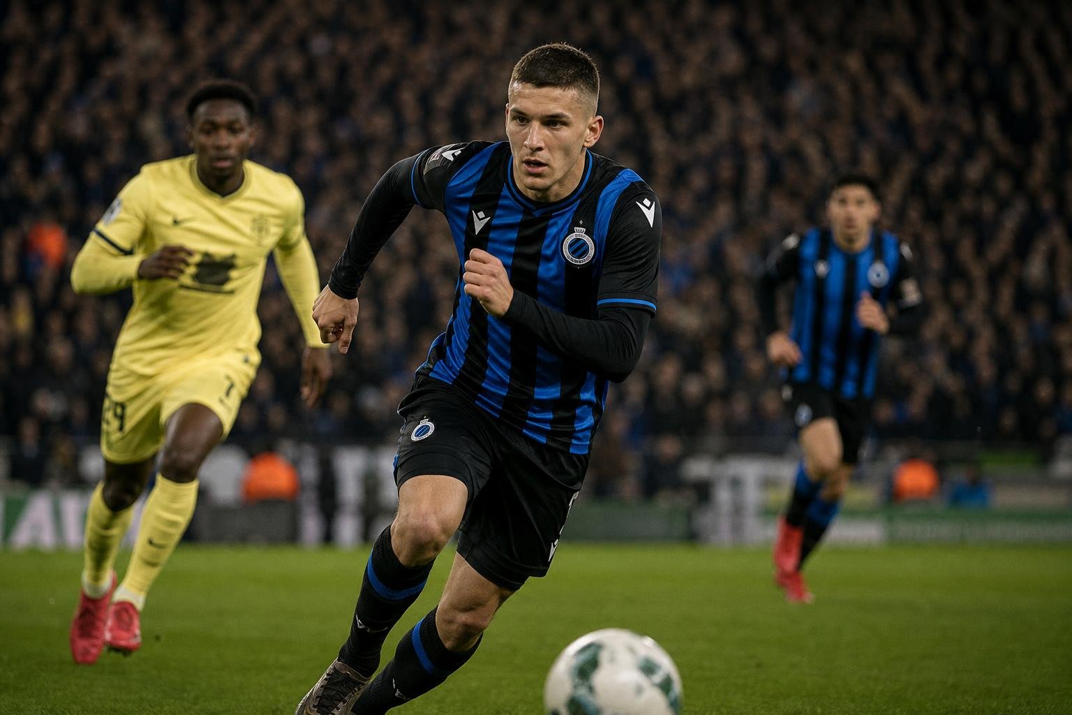 Christos Tzolis in actie voor Club Brugge tijdens een intense titelsfeer.
