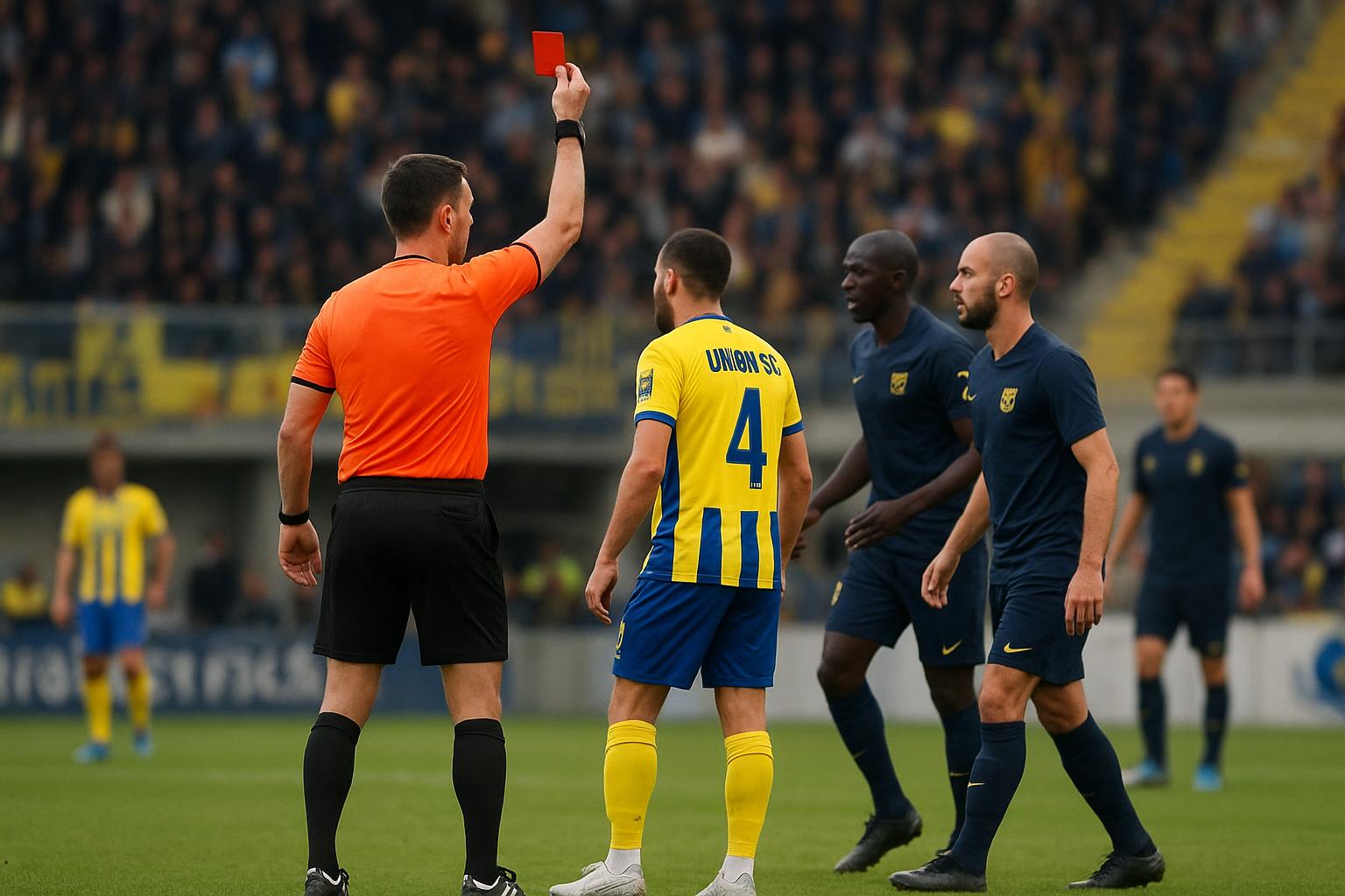 Actiemoment tijdens STVV-Union SG op Stayen na een rode kaart in een intense slotfase