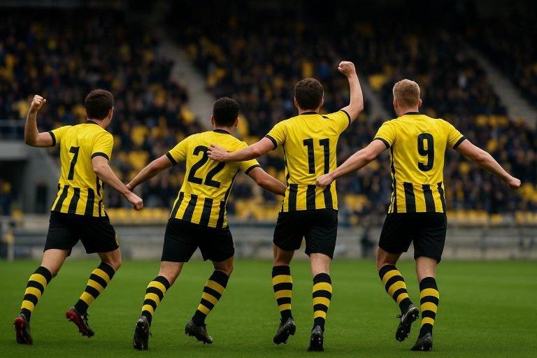 STVV-spelers vieren de late winnende treffer tegen Union SG op Stayen.