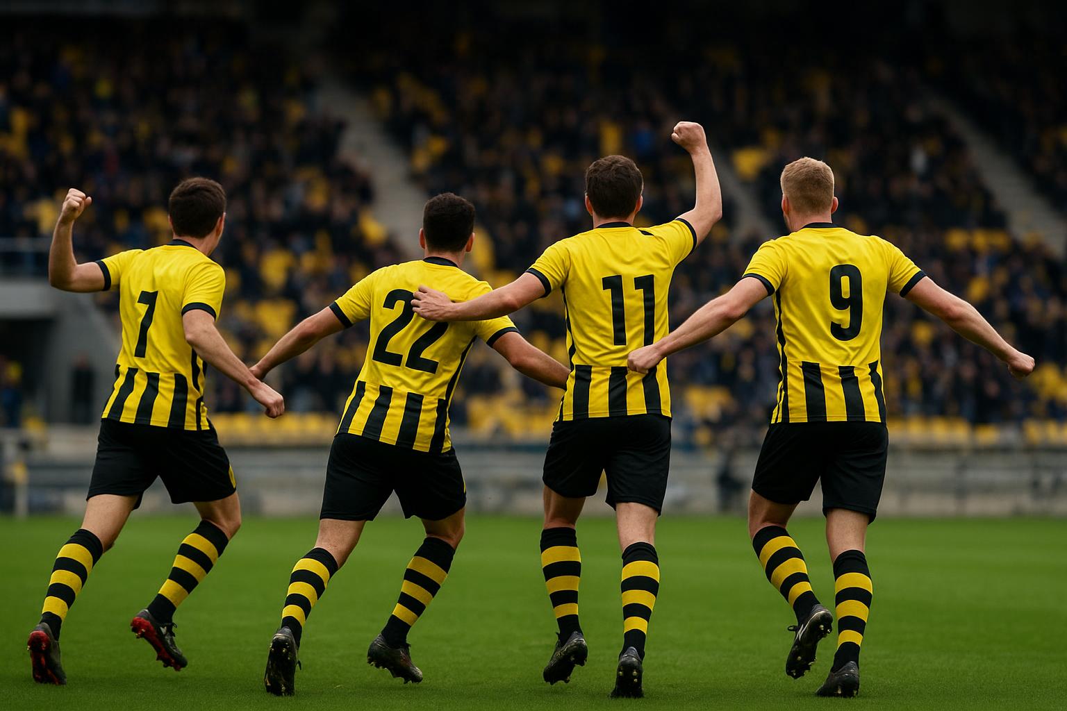 STVV-spelers vieren de late winnende treffer tegen Union SG op Stayen.