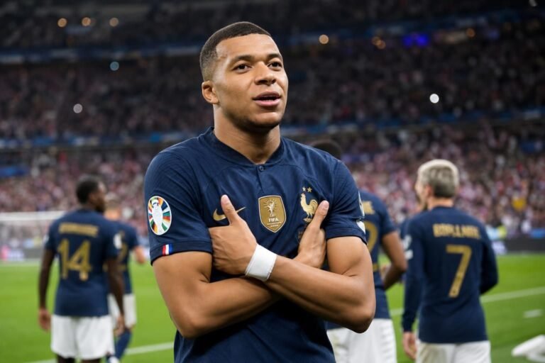 Kylian Mbappé viert een belangrijk moment voor Frankrijk in een vol stadion