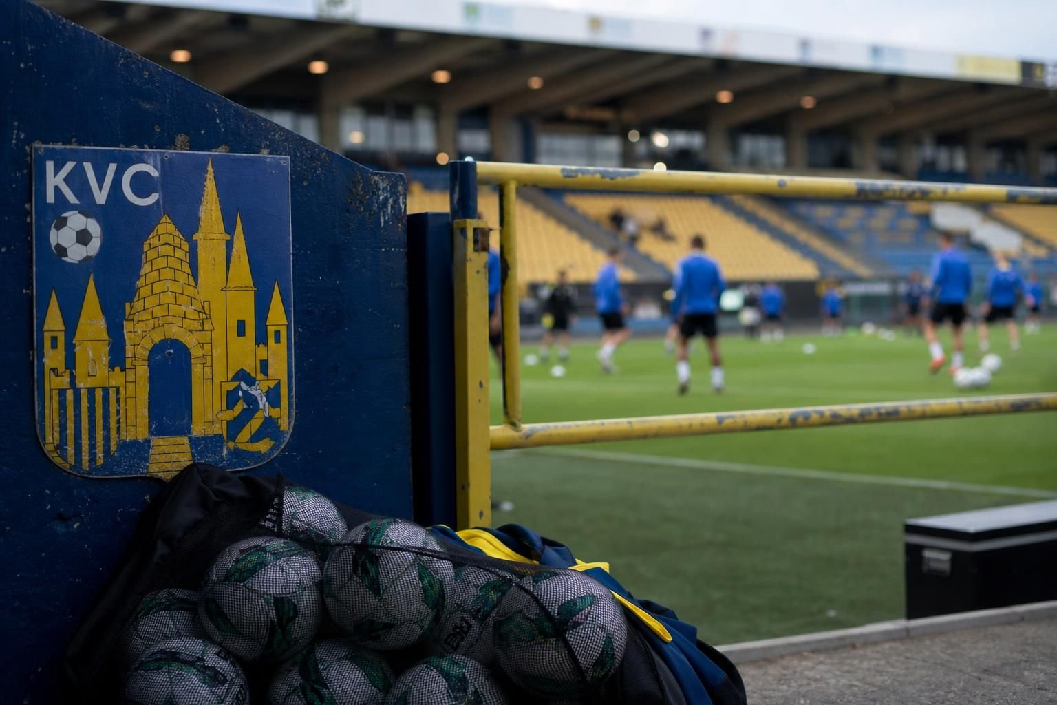 Spelers van KVC Westerlo vieren tijdens een wedstrijd in een druk stadion.