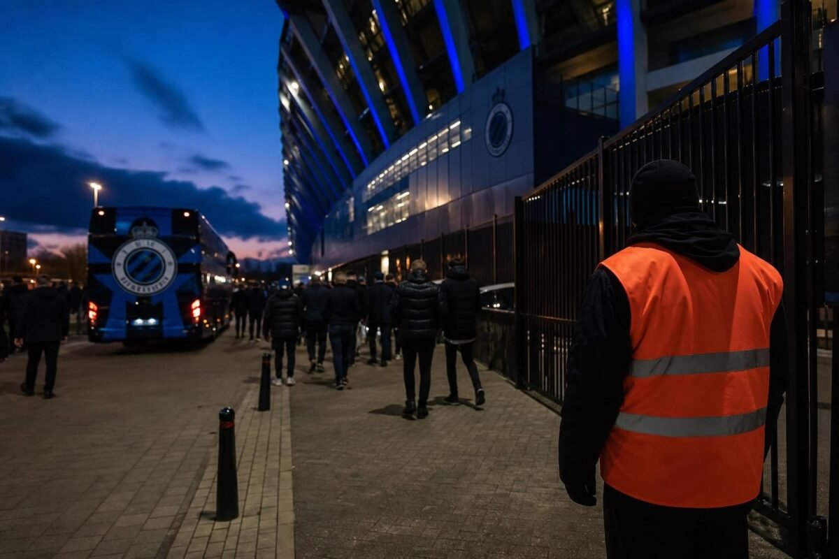 Gespannen transfercontext rond Club Brugge in een stadionomgeving