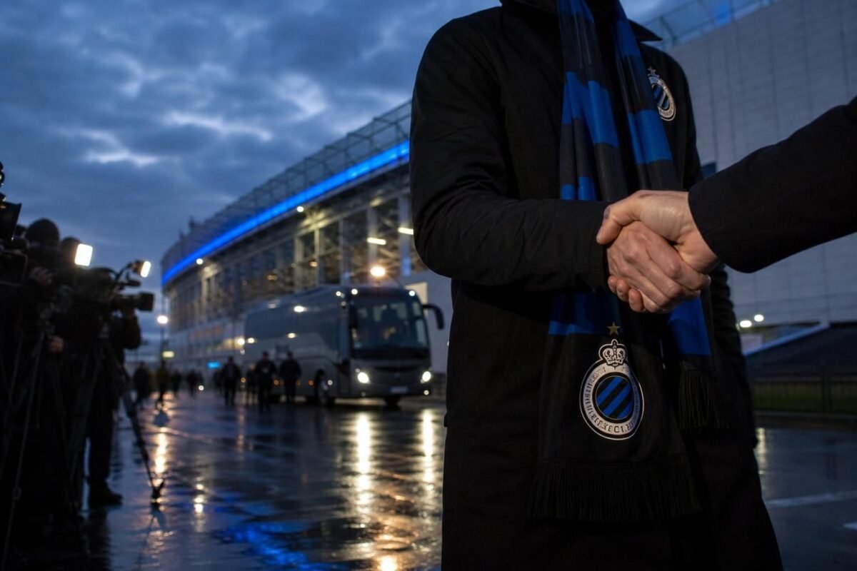 Transfercontext rond Club Brugge met blauw-zwarte accenten en perscamera's
