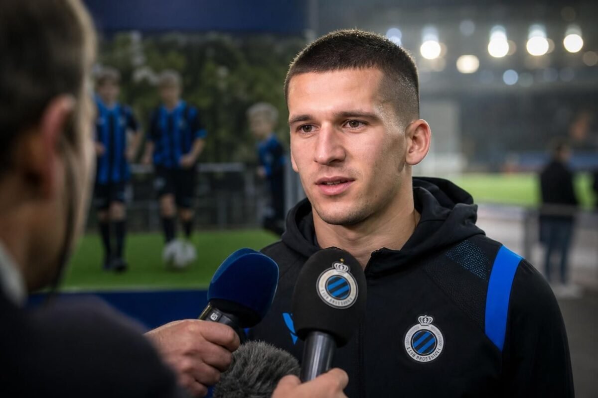 Christos Tzolis bij Club Brugge in een gefocuste voetbalcontext.