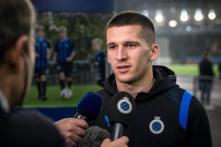 Christos Tzolis bij Club Brugge in een gefocuste voetbalcontext.