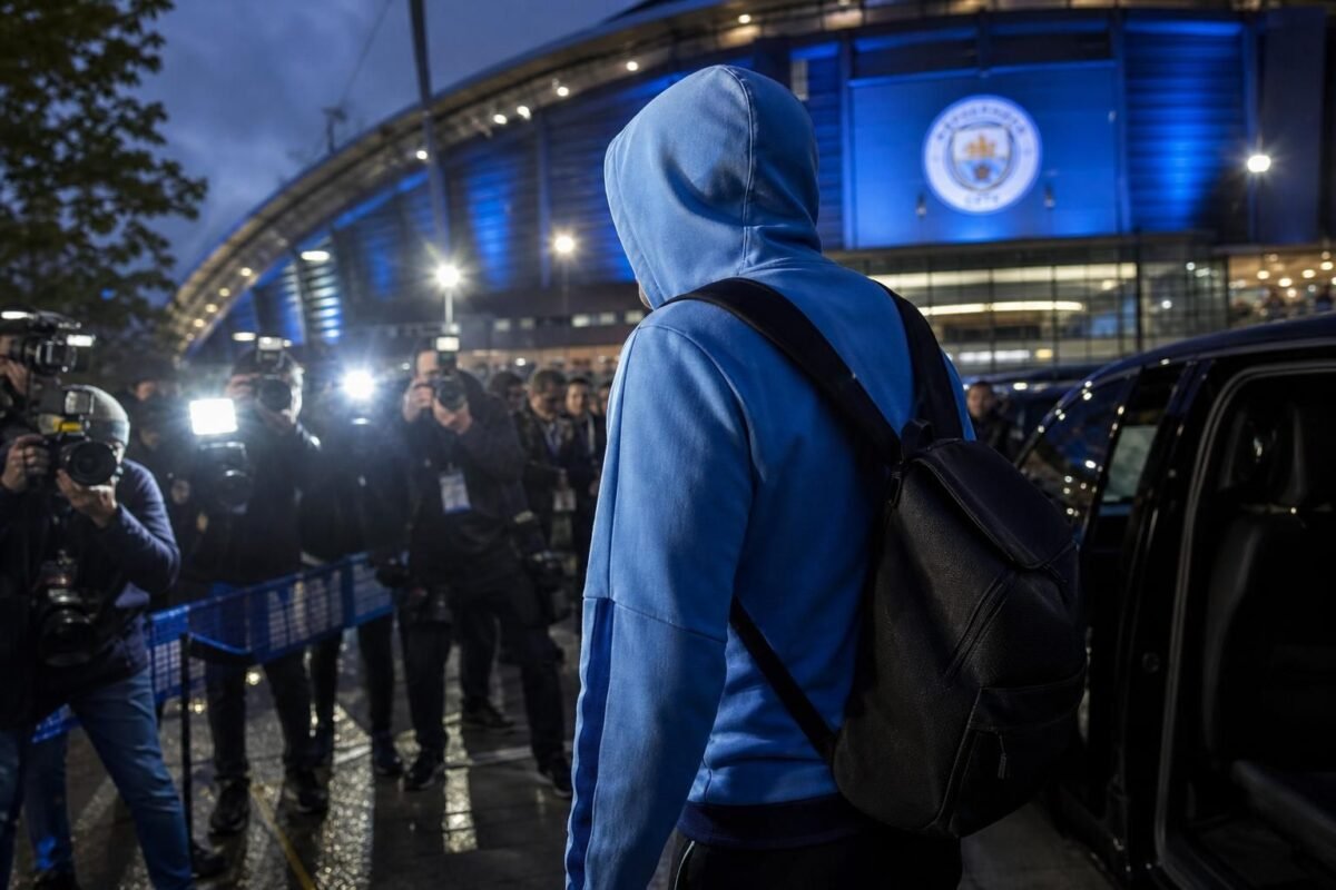 Transfercontext rond Manchester City met stadionomgeving en supporterssfeer zonder herkenbare gezichten