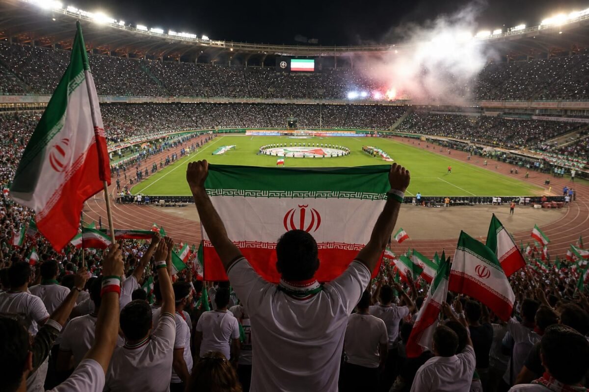 Iraanse voetbalsupporters met nationale kleuren in een stadion