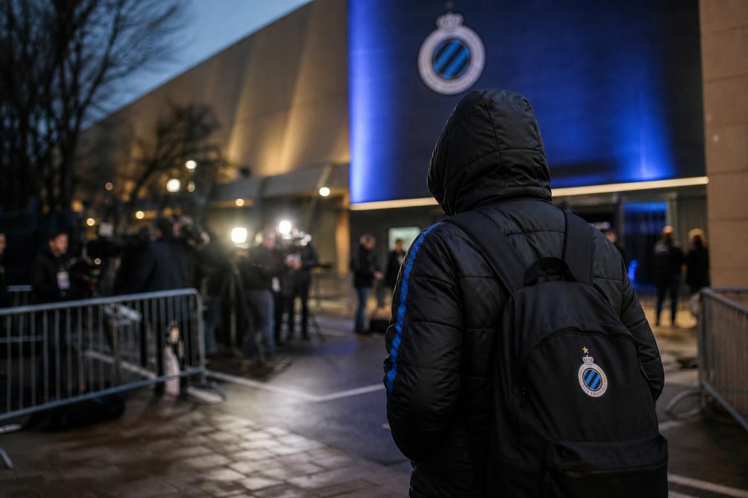 Gespannen transfercontext rond Club Brugge in een stadionomgeving zonder herkenbare gezichten