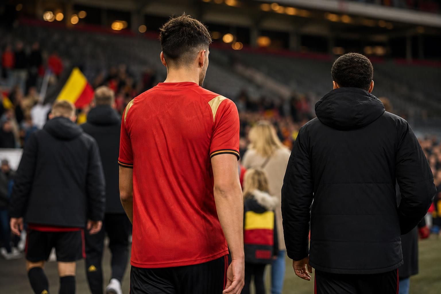 Sfeerbeeld rond de Rode Duivels na een interland met focus op ontspanning en toernooidruk.