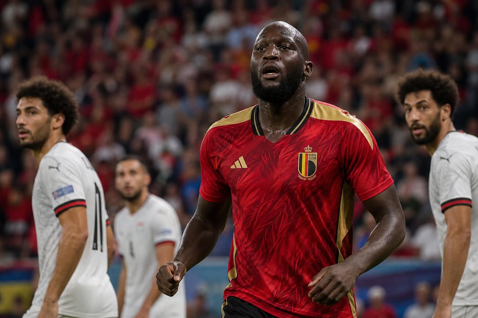 Romelu Lukaku in een gespannen wedstrijdmoment bij de Rode Duivels.