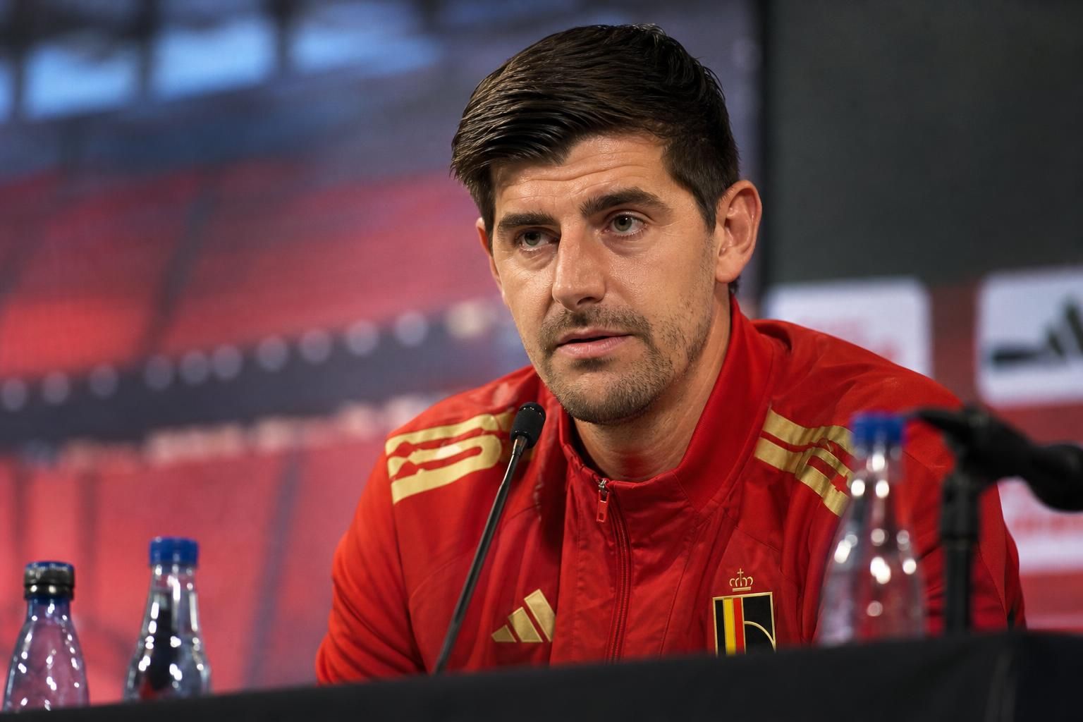 Thibaut Courtois tijdens een persmoment bij de Rode Duivels voor het duel met Iran
