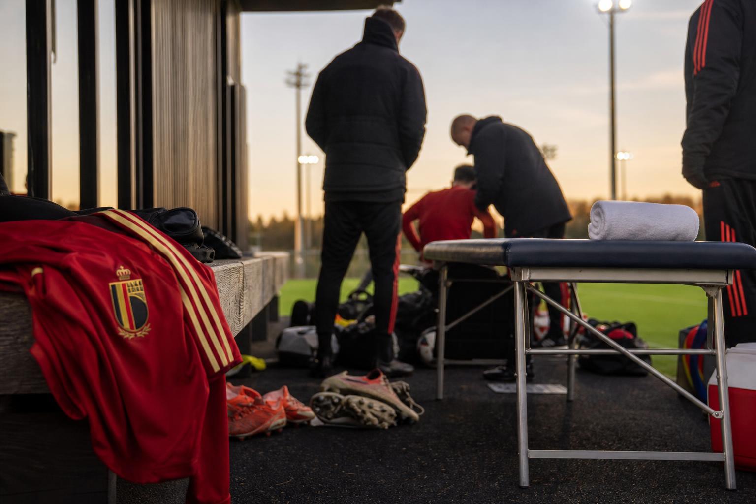 Gespannen trainingscontext bij de Rode Duivels zonder herkenbare gezichten.