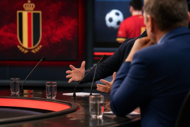 Gespannen voetbalstudio met microfoons rond de discussie over Jérémy Doku en vaderschap